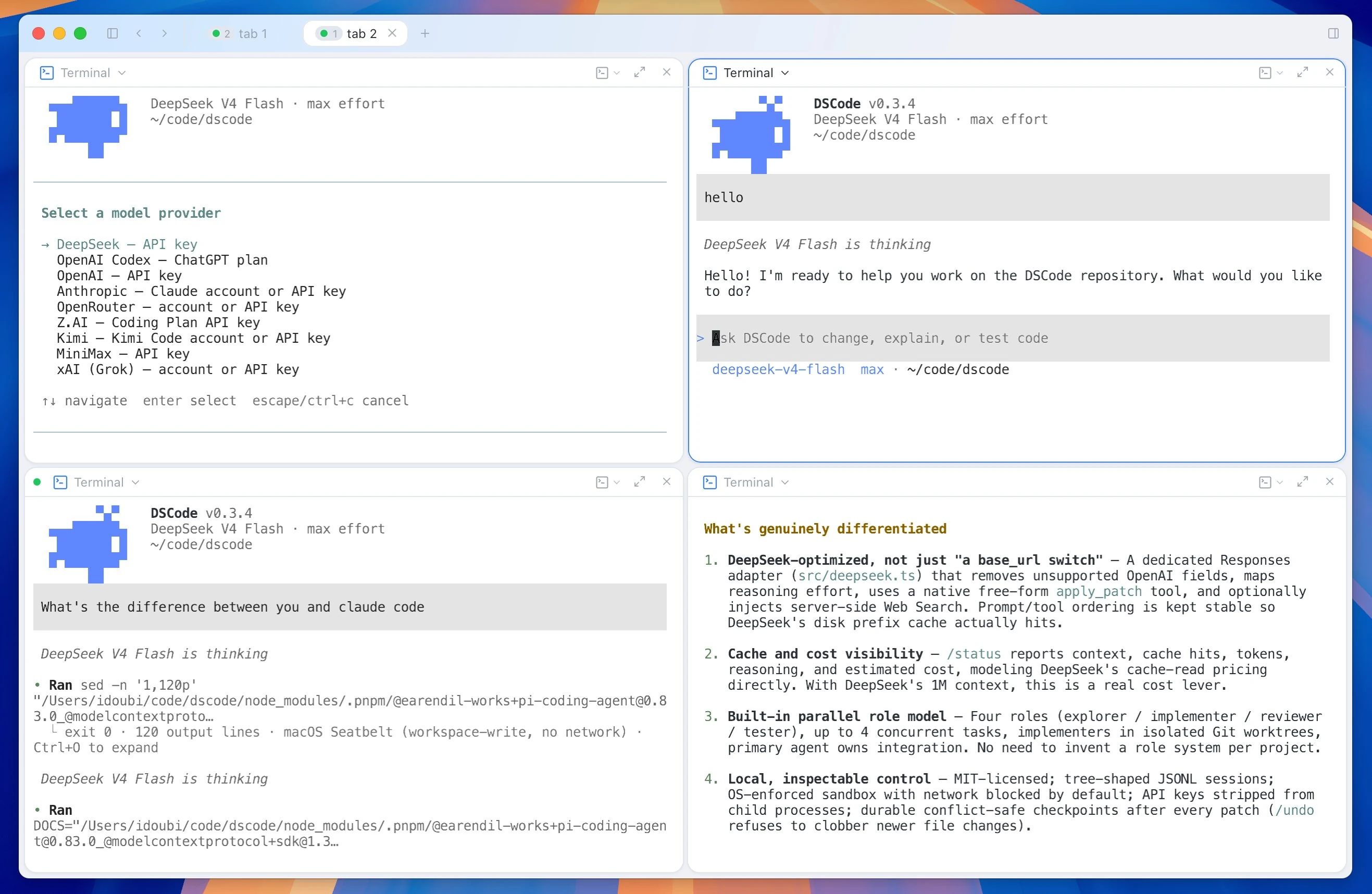 DSCode running in a terminal with model provider selection, coding conversations, tool execution, and feature comparisons